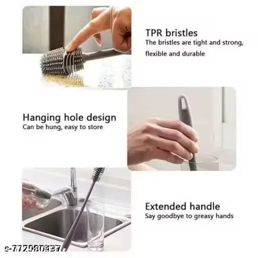 Stysol [2 x Brush + 2 x Wall Hook Free] With Long Handle Silicone Water Bottle Cleaning Brush | Baby Bottle Cleaning Brushes - Ideal for Feeding Bottles, Containers, Vases, & Glass | Handy Kitchen Items | Hanging Hook Free