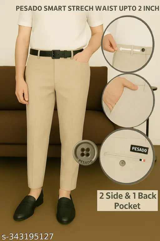 Pesado Men's SMART FLEXI Beige Formal Trousers Pants(ADJUSTABLE WAIST UPTO 2 INCH)
