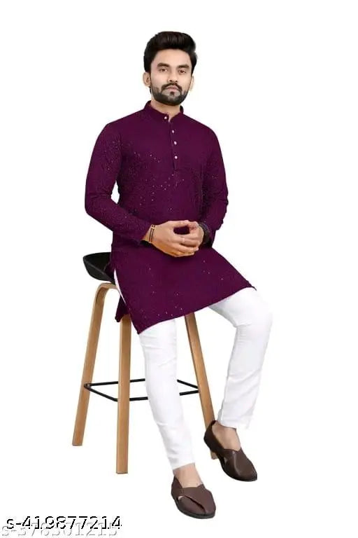 Men's Kurta pyjama Lackhnavi work Men's Premium Style Chikankari Cotton Rayon Embroidery Lakhnavi Work Kurta with White Pyjama Pair