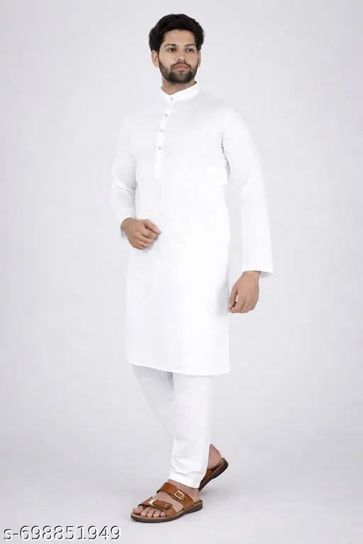 Men's simple plan white kurta with pyjama set