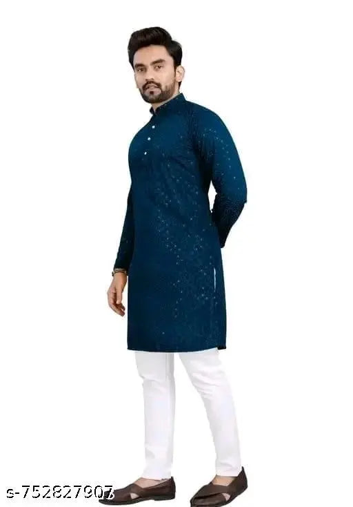 Men's Kurta pyjama Lackhnavi work Men's Premium Style Chikankari Cotton Rayon Embroidery Lakhnavi Work Kurta with White Pyjama Pair