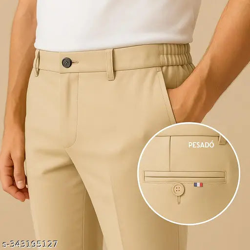 Pesado Men's SMART FLEXI Beige Formal Trousers Pants(ADJUSTABLE WAIST UPTO 2 INCH)