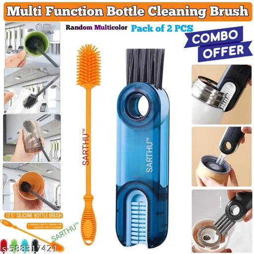 SARTHU Combo Pack – Silicone Bottle Cleaning Brush with Long Handle + 3 in 1 Cup Lid Crevice Cleaning Brush | Baby Bottle, Feeding Nozzle, Water Bottle Cap, Glass, Kitchen & Home Cleaning Tool