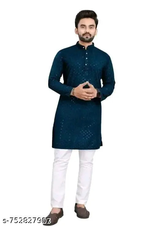 Men's Kurta pyjama Lackhnavi work Men's Premium Style Chikankari Cotton Rayon Embroidery Lakhnavi Work Kurta with White Pyjama Pair
