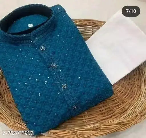 Men's Kurta pyjama Lackhnavi work Men's Premium Style Chikankari Cotton Rayon Embroidery Lakhnavi Work Kurta with White Pyjama Pair